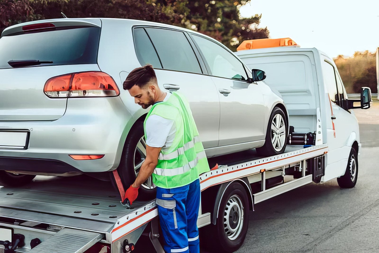 A man decking a car onto a tow truck in Oak Lawn, IL for emergency towing service. A man decking a car onto a tow truck in Oak Lawn, IL for emergency towing service.